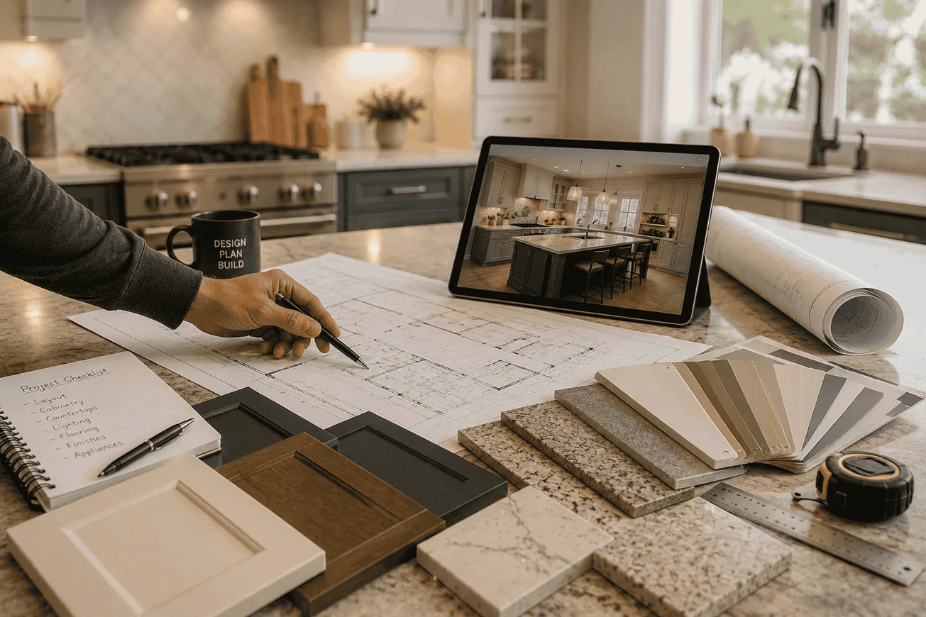 Kitchen remodeling planning materials with cabinet samples and layout drawings